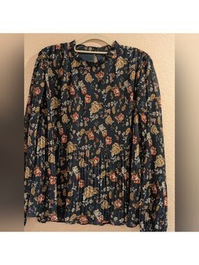 Skies Are Blue Floral Pleated Blouse Long Balloon Sleeves Small